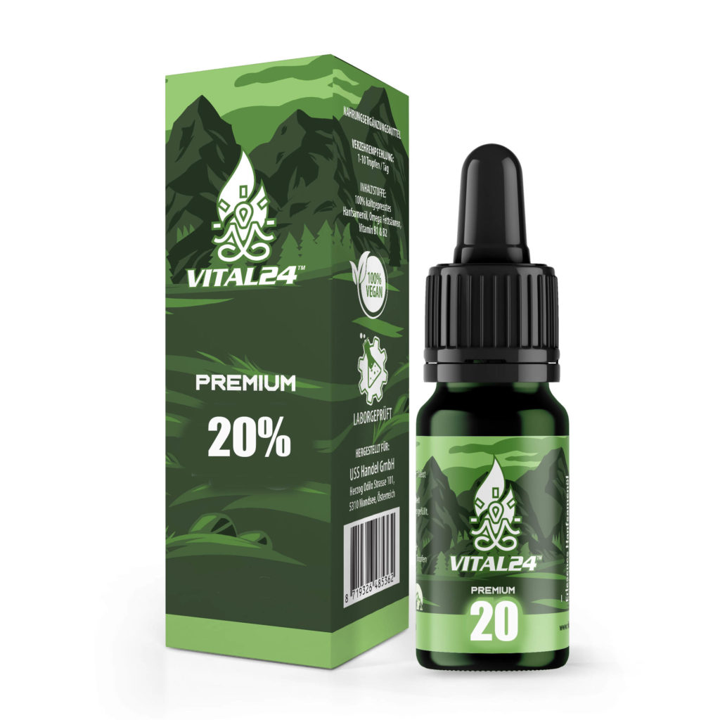 Die Verpackung von Vital24 – Premium 20 % CBD ÖL Tropfen mit 10 ml umfasst eine grüne Schachtel und eine Tropfflasche, die mit Berggrafiken verziert ist und deutlich den Text „CBD Öl Premium 20 %“ trägt. Sie hebt stolz „100 % vegan“ und „Laborgeprüft“ hervor und bietet eine reine Wahl für diejenigen, die Qualität und Authentizität suchen.