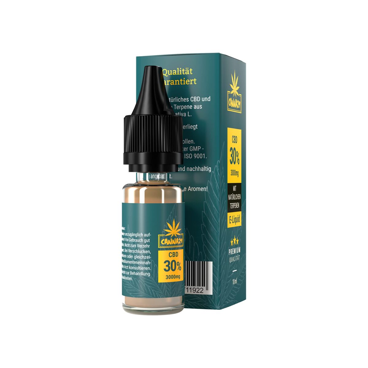Bild einer CANNA24 30% CBD-Flüssigkeit für die E-Zigarette – 10-ml-Flasche vor der Verpackung. Die 10-ml-Flasche enthält 30% CBD-Flüssigkeit, perfekt für Ihre E-Zigarette. Die grüne Verpackung enthält einen Markentext in deutscher Sprache und ein Bild eines Cannabisblattes, das die hohe Qualität und die natürlichen Inhaltsstoffe des Produkts hervorhebt.
