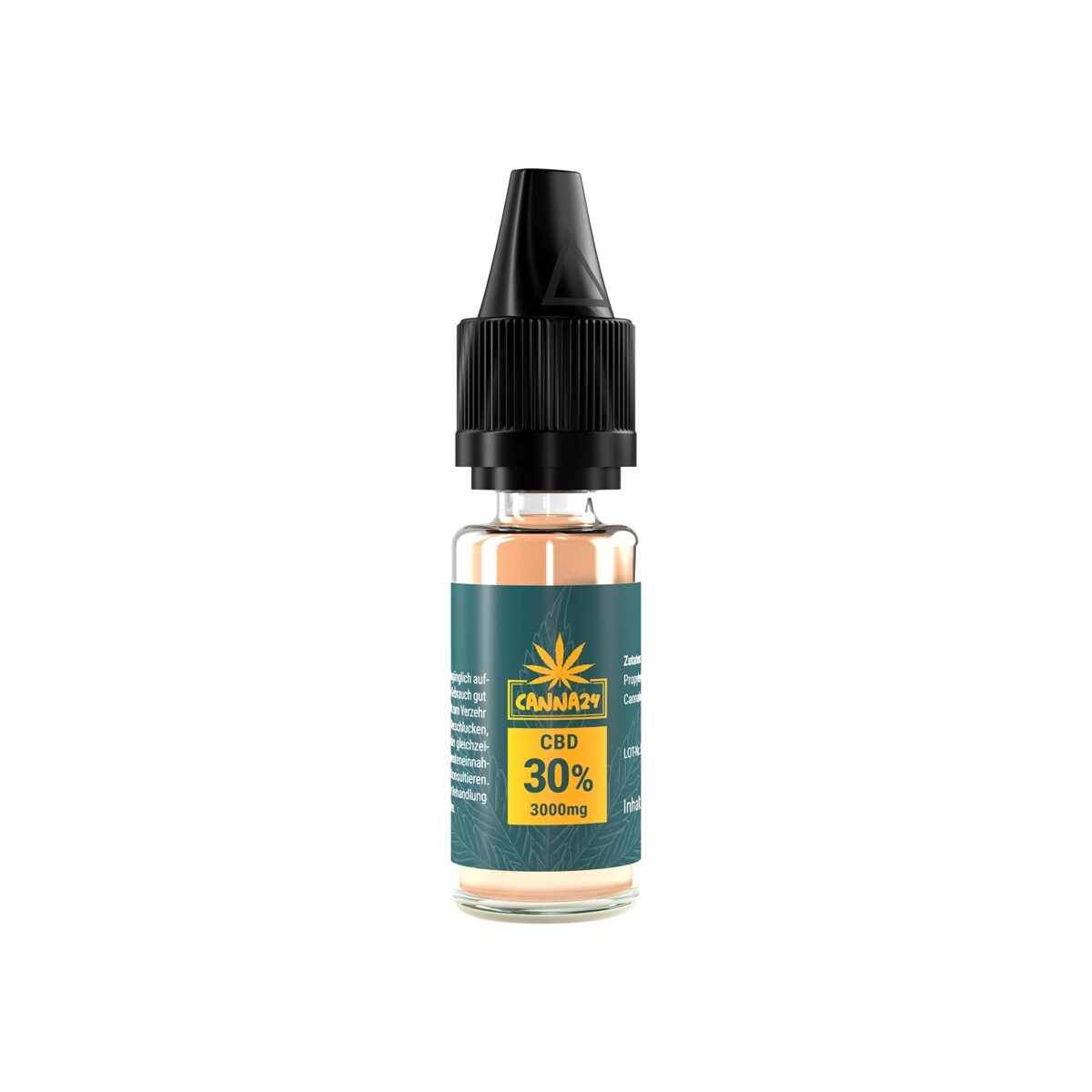 Eine kleine Flasche mit 30% CBD-Flüssigkeit ist mit einem blaugrünen Etikett abgebildet. Auf dem Etikett steht oben „CANNA24“ mit einem Bild eines Cannabisblatts, in der Mitte „CBD 30%“ und unten „3000 mg“. Die Flasche hat einen schwarzen Deckel mit einer Pipette, was sie ideal für die Verwendung mit E-Zigaretten macht.