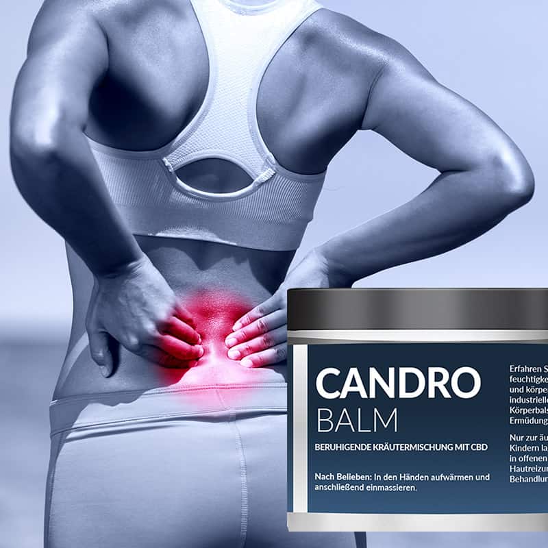 Eine Person, die einen Sport-BH trägt, blickt abgewandt und trägt einen CBD-Balsam auf ihren unteren Rücken auf, der rot hervorgehoben ist, um Schmerzen anzuzeigen. Im Vordergrund befindet sich ein Behälter mit „Candro Balm“, einer beruhigenden Kräutermischung, die Beschwerden lindern soll.