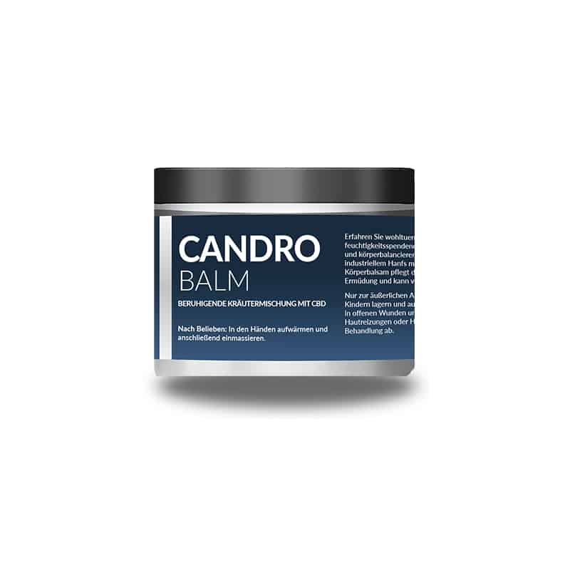 Ein schwarz-weißer Behälter mit Candro Balm und deutschem Text auf dem Etikett. Das mit CBD angereicherte Produkt wird als beruhigende Kräutermischung gegen Rückenschmerzen bezeichnet. Auf der rechten Seite des Behälters sind Gebrauchsanweisungen in deutscher Sprache zu sehen.